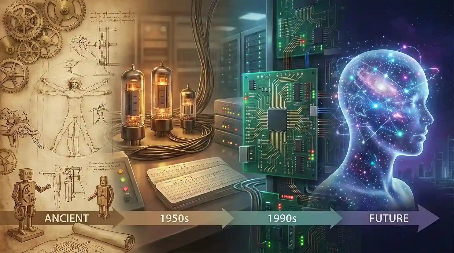 AI discovery timeline from ancient logic to modern deep learning